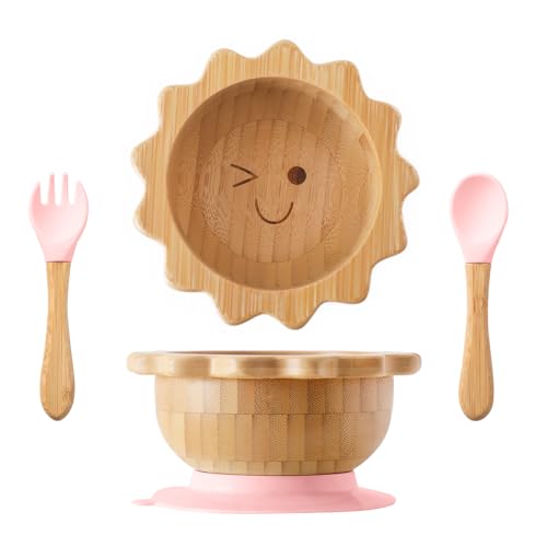 Image of Bamboo Suction Bowl for Baby Kid Toddler Bowl Spoon Fork Set with Removable Silicone Suction All-Natural Baby Feeding Set for Baby-Led Weaning Fits Feeding High Chair Table