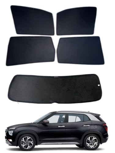 Image of Nylon Polyester Mesh Premium Car Sunshade Fix Type Non-Magnetic Curtain with Rear Dicky Curtain Set of 5pc for Hyundai Creta 2020-2023