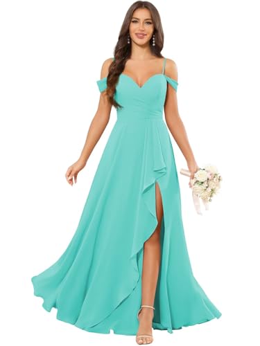 Women's Off The Shoulder Bridesmaid Dress Chiffon Ruffle Formal Prom Dress with Slit