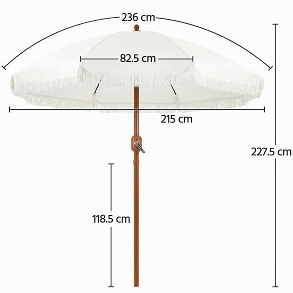 Yaheetech Ombrellone da Spiaggia Giardino Inclinabile con Frange 215 cm in Poliestere e Metallo con Borsa per Trasporto Protezione UV Esterno Cortile Piscina Crema