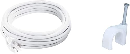 Snow Joe + Sun Joe PJEXT20-163-WHT - Cable de extensión de vinilo para exteriores de 20 pies, clips circulares blancos y monoprice con clavo de