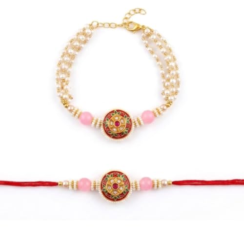 Image of Traditional Meenakari Kundan Bhaiya Bhabhi Rakhi Set | Elegant Lumba Bracelet for Bhabhi and Designer Bracelet for Bhaiya | Premium Rakshabandhan Gift Set