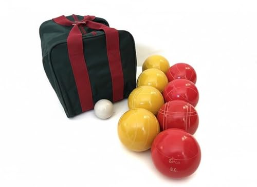 BuyBocceBalls Listing - Made in USA, Premium Quality Engraved Tournament Bocce Set, 998 Grams (2 lbs. 3.2 oz.). Various Bag Colors - 110mm Yellow and Rustic Orange Balls, Nylon Bag