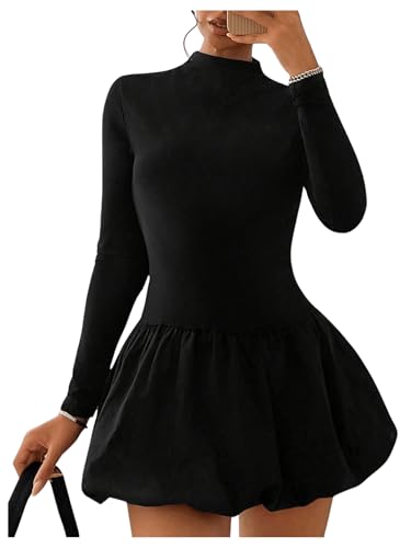 GORGLITTER Women's Long Sleeve Bubble Mini Dresses Y2k Mock Neck Short Dress Going Out Dress Black Medium