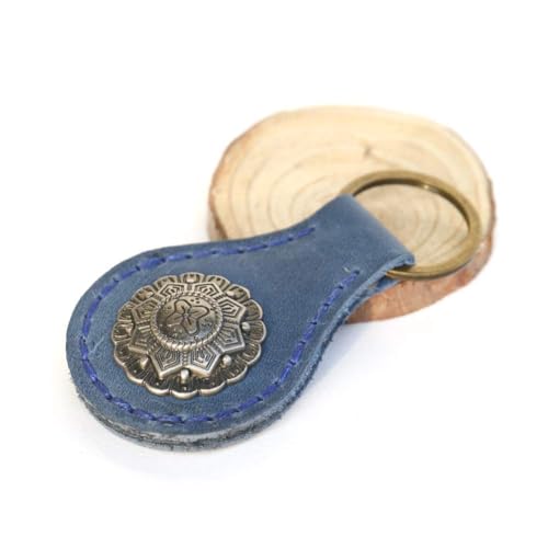 Handmade Vintage Leather Keychain with Ornate Metal Clasp - Round Teardrop Genuine Cowhide Key Ring for Car Keys, Bags, Door Keys, Hand-Stitched Durable Key Holder (Flat stitch, Blue)