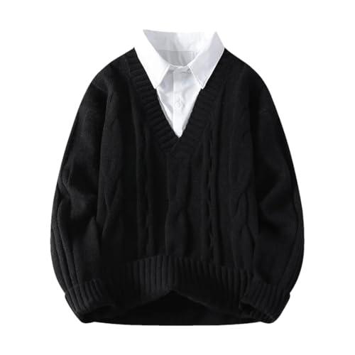 Men's V-Neck Fake Two-Piece Knit Pullover Sweater Fall Winter Fashion Casual Jumper
