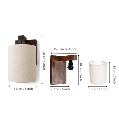 Image of Amazon Basics Deewar Sunset Wall Lamp | Wooden Bracket with Cream Fabric Shade | E14 Holder | Decorative Wall Light for Bedroom, Living Room, Hallway & Home Decor