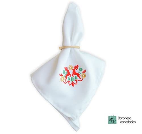 Kit 4 Peças Guardanapo de Tecido Branco Bordado Natal com Bainha para Mesa Posta (Bordado Natal Rena
