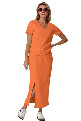 Image of GRECERELLE Women Summer Casual 2 Piece Sets V-Neck Wrinkle-Free Top & Elastic Waist Midi Side Slit Skirt with Pockets