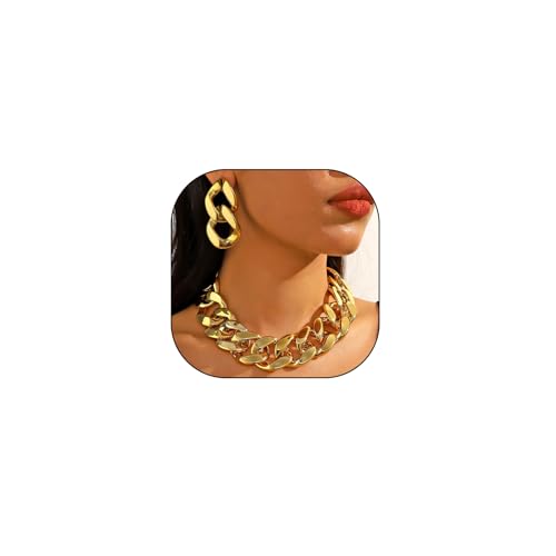 YOOESTORES82 Acrylic 14K Gold Chunky Chain Necklace Earrings Set for Women,Punk Short Thick Wide Cuban Link Choker Necklaces Trendy Drop Dangle Earring Jewelry Set (Gold1)