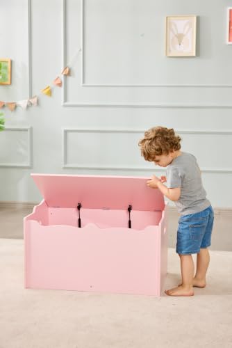 Image of Amazon Basics Kids Wooden Toy Storage Chest with Safety Lid, Spacious Organizer for Bedroom, Pink, 30 inch x 18 inch x 19 inch