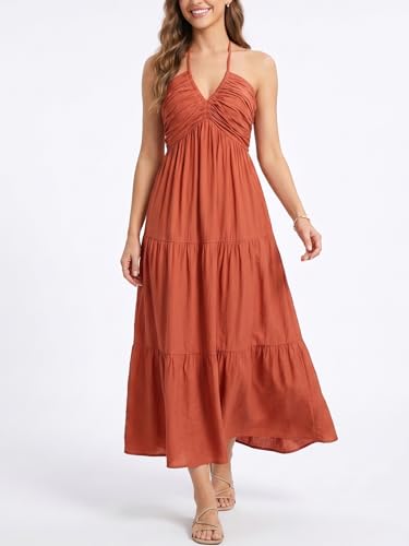 Image of Women's Casual Halter Tiered Vacation Maxi Dress with Pockets