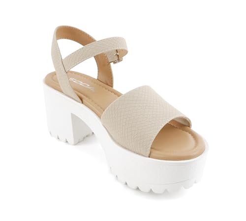Image of Soda inchStacie inch ~ Women Open Toe Lug Sole Mid Block Heeled Sandals with Adjustable Ankle Strap