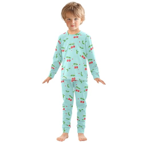 Pajama Sets Long Sleeve Cherry Pattern Blue Background Soft Comfy Sleepwear 2 Piece PJS 3-8T2