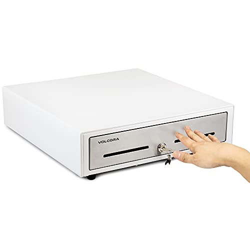 16 Manual Push Open Cash Register Drawer for Point of Sale (POS) System - White and Stainless Steel Front Touch Panel - Durable Cash Drawer with Removable Tray, 5 Bills and 8 Coin Slots, Key Lock