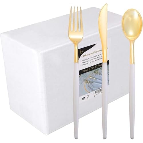 I00000 144Pcs Gold Plastic Silverware, Gold Plastic Utensils Set,Disposable Utensils Heavy Duty,Disposable Silverware Set Includes 48 Forks,48 Knives,48 Spoons for Party & Wedding