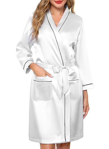 Sopesil Albornoces de Satín para Mujer Kimono Albornoz de Novia Satén Corto Albornoces Ligeros Sedosos Matutinas Suave Albornoz Fiesta para Dormir, Blanco, L