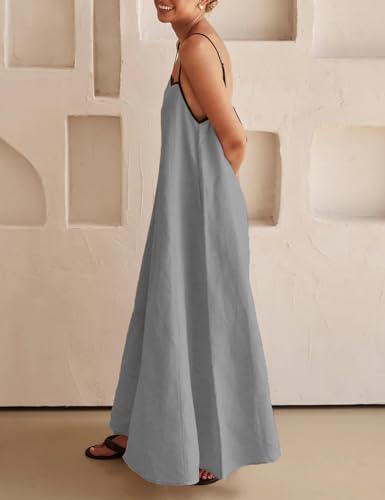 Image of Womens Summer Linen Maxi Dress Contrast Trim Spaghetti Straps Backless Sleeveless Long Flowy Dresses