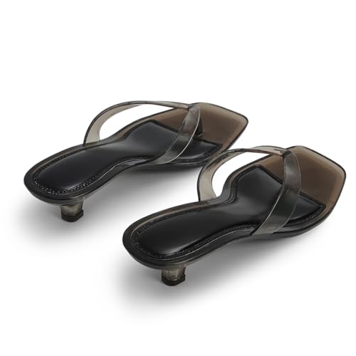 Image of Dsevht Jelly Kitten Heel Sandals for Women Flip Flop Thong Cute Low Small Heel Clear Square Open Toe Summer Beach Slip On heeled sandal Mule Shoes