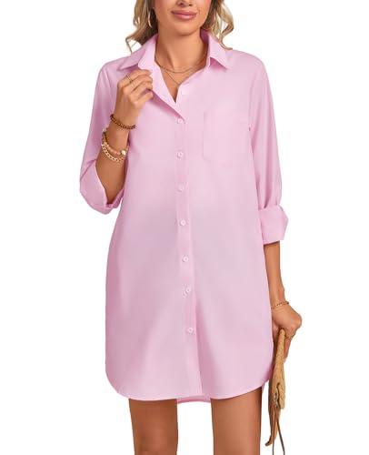 Image of MINTLIMIT Womens Button Down Shirt Dress Spring Summer Loose Casual Long Sleeve Shirt Dresses with Pockets 2025 Trendy