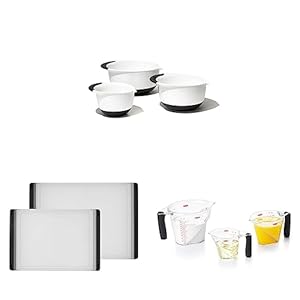 OXO Good Grips 3- Piece Plastic Mixing Bowl Set, 2500 ml,White/Black & OXO Good Grips 2-Piece Plastic Cutting Board Set (Pack of 1),Clear & OXO Good Grips 3-Piece Angled Measuring Cup Set, Black
