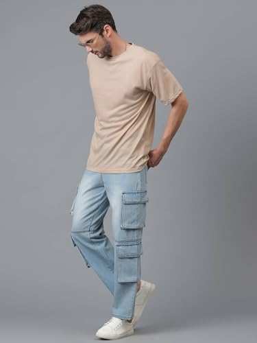 Image of KOTTY Men's Loose Fit Cargo Denim Jeans - Vintage Washed Utility Jeans with Side Pockets