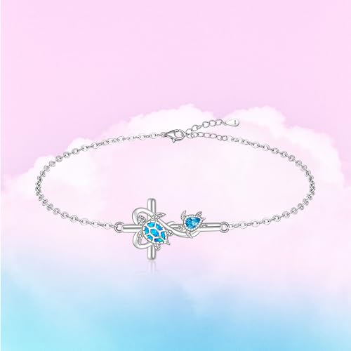Image of Fenthring Turtle Anklet S925 Sterling Silver Blue Opal Sea Turtle Ankle Bracelets for Women Infinity Wave Ocean Beach Summer Foot Bracelet Jewelry Layered Adjustable