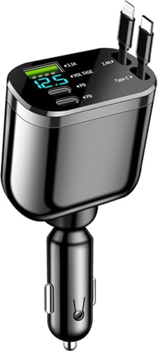 Image of 120W 5 in 1 Retractable Car Charger - Super Fast Car Charger Type C & Lightning Cables, Dual USB Ports, 12V Car Charging Adapter for iPhone 16 /15 /14, Samsung, Android (5 in 1, 1)