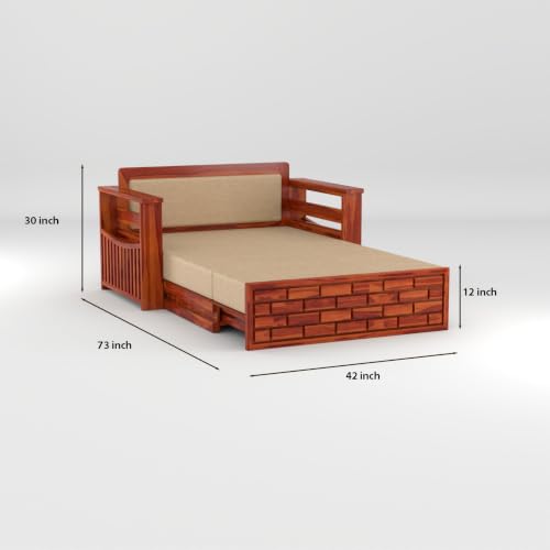 Image of Solid Sheesham Wood Sofa Cums Bed with Mattress & Storage | Rosewood Convertible Sofa Bed for Living Room & Bedroom (E-Honey, 2 Seater)