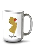 Hoboken, New Jersey, State Outline and Heart (Gold and Red) (15oz White Ceramic Coffee and Tea Mug,...