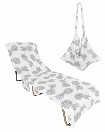 Silver Pineapple Beach Chair Towel Covers for Chaise Lounge with Side Pocket, Soft Plush Pool Towels Cover for Patio Sunbathing Outdoor Tropical Exotic Summer Fruit White 29''x85''