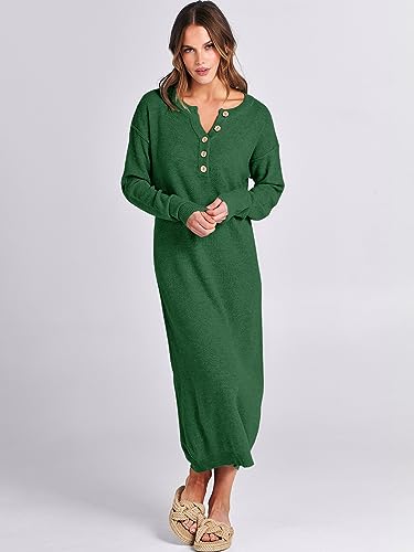 Image of ANRABESS Women Long Sleeve Button V Neck Oversized Casual Loose Fit Waffle Knit Fall Midi Sweater Dress 2026 Trendy Outfits