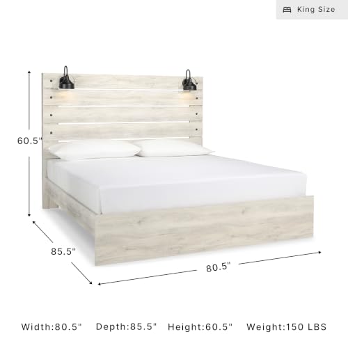 Image of Signature Design by Ashley Cambeck King Panel Bed, Built-in Lights and USB Ports, Rustic Farmhouse Design, King Size Bed Frame with Headboard, Whitewash