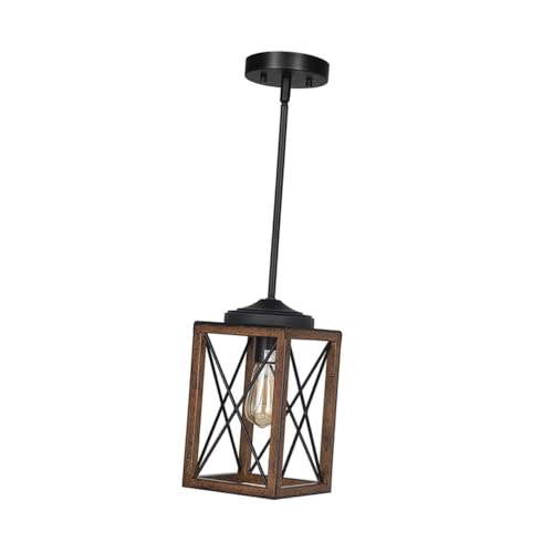 Lámpara colgante de madera y hierro rústica para salón comedor estilo vintage