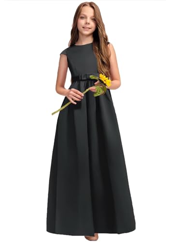 A-line Scoop Neck Junior Bridesmaid Dress with Bow Stain Flower Girl Dresses with Pockets