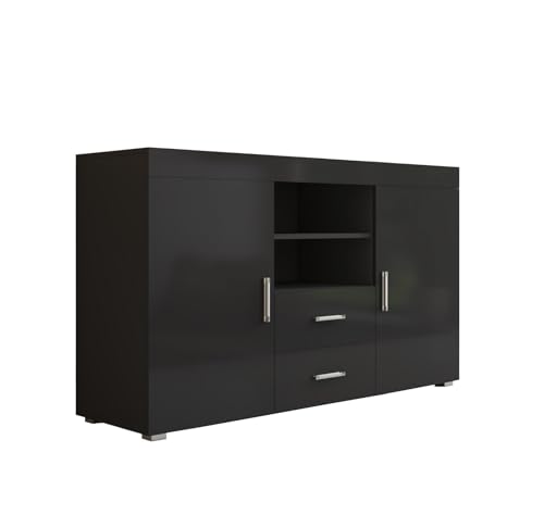 MB Muebles Bonitos – Aparador Roque Negro 140cm para Salón Comedor | 2 Puertas con Estantes, 2 Cajones | Melamina Brillo Negro | 140 × 82 × 40 cm – Almacenaje y Organización