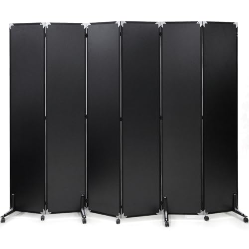 Solid Wood Board & Aluminum Frame 6 Panel Room Divider Black on Wheels, 6ft Tall Extra Wide, Portable Office Dividers Partition Wall Privacy 96" W x 71" H, for Dorm Studio Office
