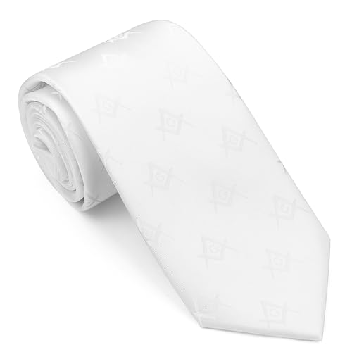 AMITER Woven Necktie for Freemason, Mens Fashion Neck Ties with Masonic Square & Compass - White
