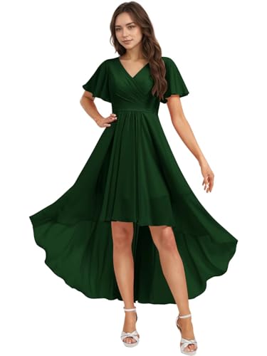 Xijun Women's High Low Chiffon Bridesmaid Dresses Short V Neck Formal Dress Ruffle Sleeves Evening Party Gowns