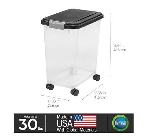 IRIS USA Airtight Pet Food Storage Container with Wheels, Black, 30 lb Capacity - BPA-Free Clear Plastic Bin with Snap-Lid Seal to Keep Kibble, Pellets or Seeds Fresh for Dogs, Cats and Birds