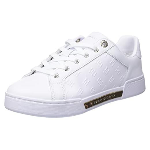 Tommy Hilfiger Tenis con Monograma en Relieve, Zapatillas Mujer, Oro Blanco, 37 EU