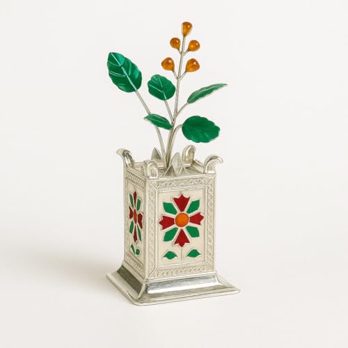 Image of 925 Sterling Silver Tulsi Basil Plant with Pot | Handcrafted Pooja Article for Home Temple | Auspicious Spiritual Decor | Prosperity Symbol | Gift for Diwali, Festivals, Housewarming