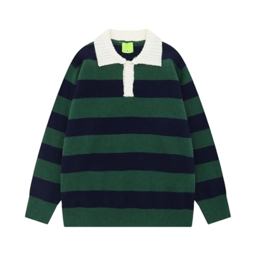 Mens Contrast Striped Sweater Retro Loose Lapel Long Sleeve Knitted Pullover