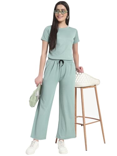 Image of Vogaan Women's Summer 2 Piece Co-Ord Set for Women Casual Short Sleeve Crop Top Wide Leg Sweat Pants for Travel Vacation Outfits Lounge Sets