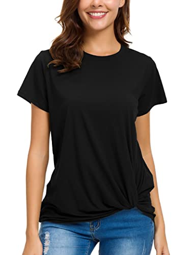 LUSMAY Womens Short Sleeve Loose Twist Knot Front T Shirts Cotton Casual Blouse