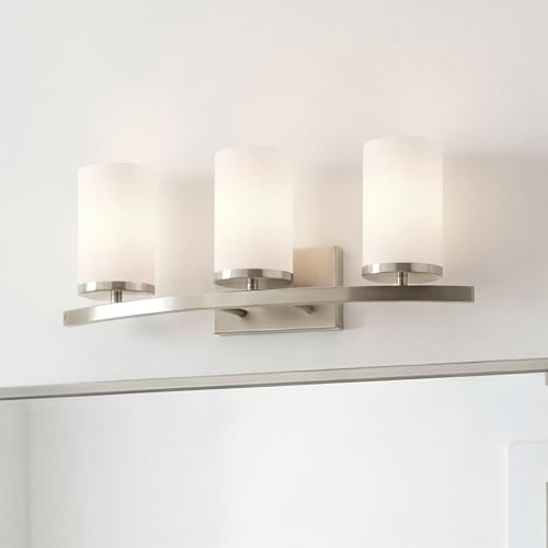 Image of Kichler Crosby 23 inch Vanity Light in Brushed Nickel, 3-Light Contemporary Bathroom Light with Satin Etched Cased Opal Glass, (23 inch L x 8.75 inch H), 45497NI