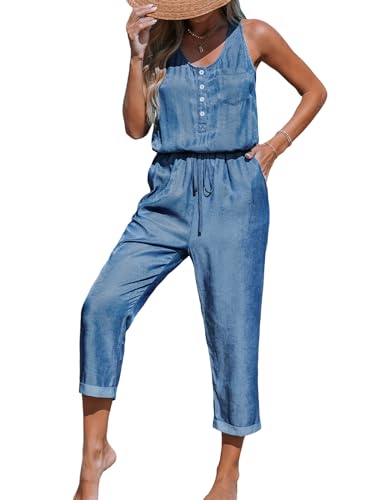 CUPSHE Damen Jumpsuit U-Ausschnitt Ärmellos Knopfleiste Overall Sommer Casual Lose Playsuit Haremshose mit Taschen Blau ...