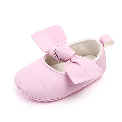 CLOUCKY Baby Girls Mary Jane Flats Dress Shoes Bowknot Infant Toddler First Walkers Soft Crib Shoes Pink, 6-12 Months
