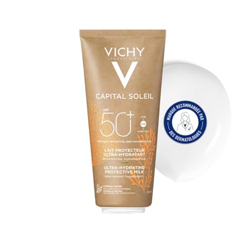 Vichy, Capital Soleil, Lait Protecteur Ultra-Hydratant, SPF50+, Protection Solaire Très Élevée, Peaux Sensibles, Enrichi en Acide Hyaluronique et Eau Volcanique de Vichy, Éco-conçu, 200 ml