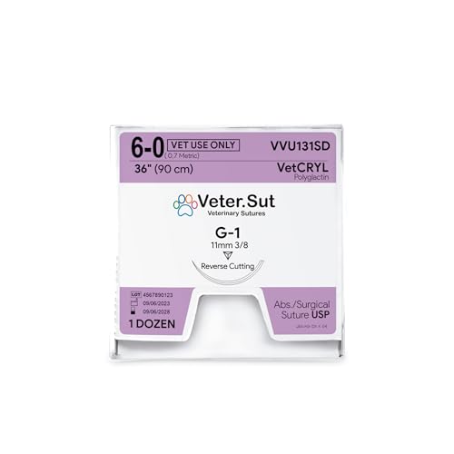 Image of VeterSut VetCRYL Absorbable Polyglactin Surgical Suture USP Size 6-0, 3 /8 11mm Reverse Cutting Needle, 36 Inches (90 cm), 12 Count, Veterinary Use
